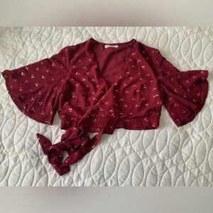 #20 Gorgeous deep red crinkle fabric with gold cherries wrap top.  Size 12
